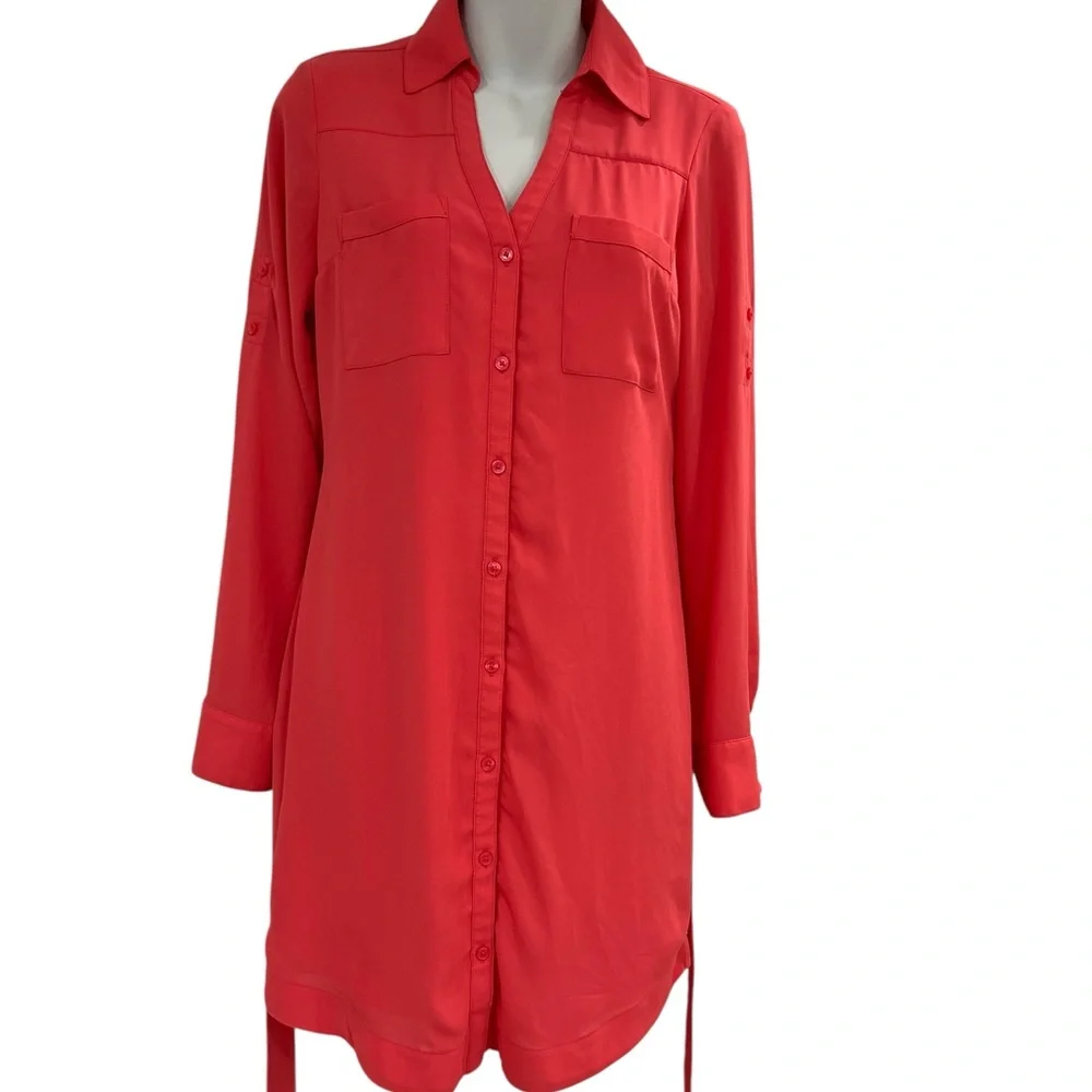 Express Red Long Sleeve Notched Collar Shirt Dress size XS Extra Small Summer